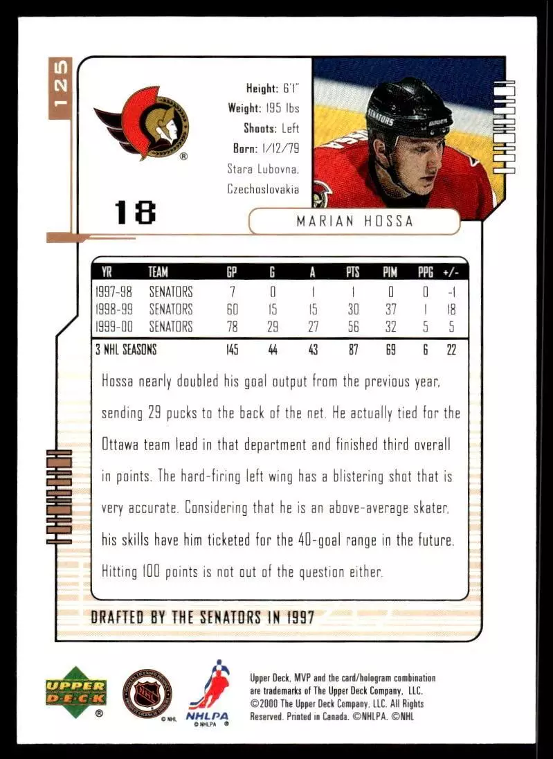 2000-01 Upper Deck MVP #125 Marian Hossa 1