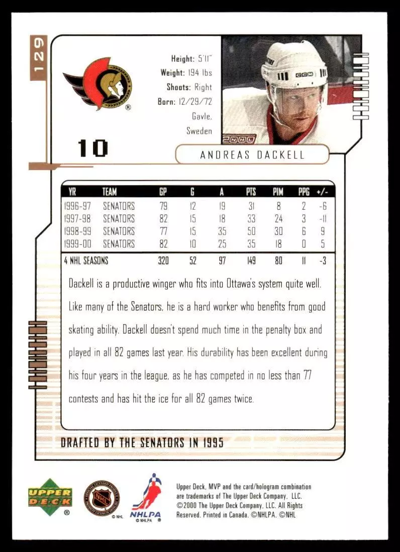 2000-01 Upper Deck MVP #129 Andreas Dackell 1