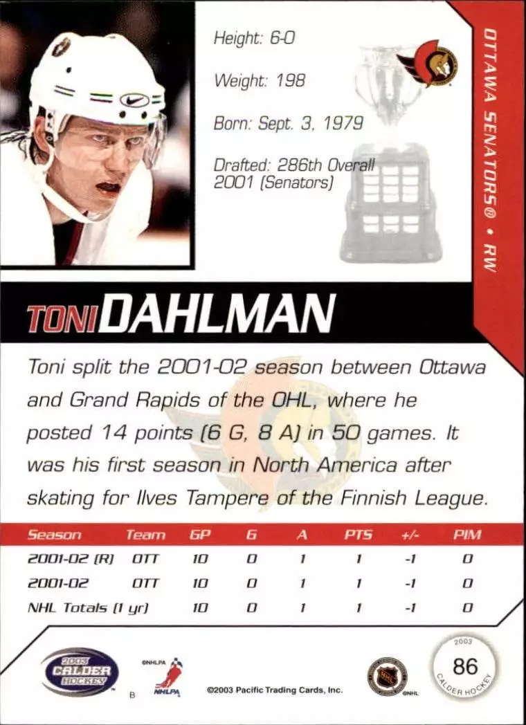 2002-03 Pacific Calder #86 Toni Dahlman 1