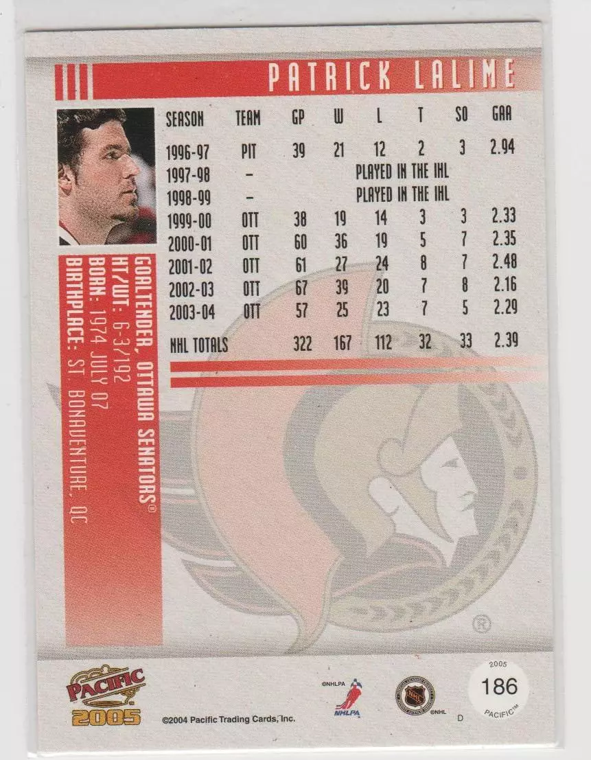 2004-05 Pacific Red #186 Patrick Lalime 1