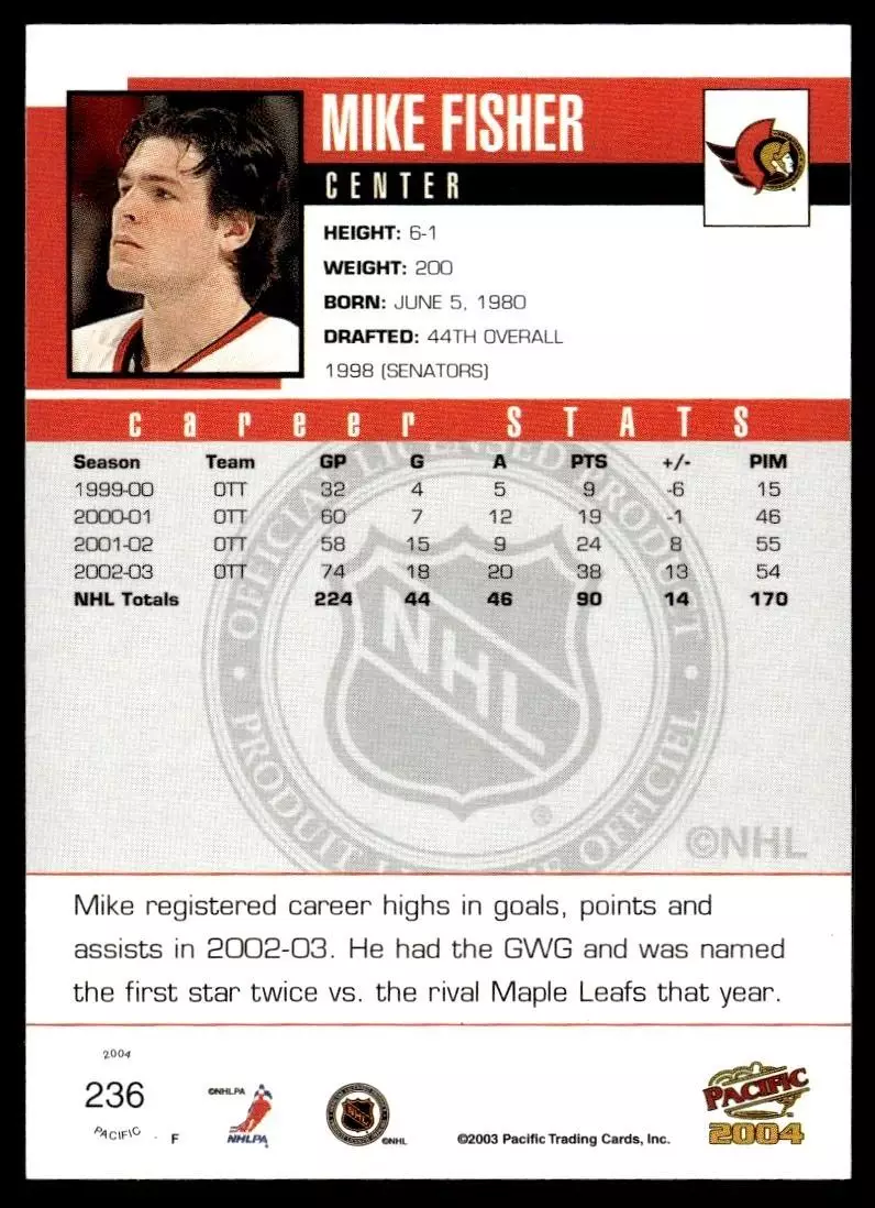 2003-04 Pacific #236 Mike Fisher 1