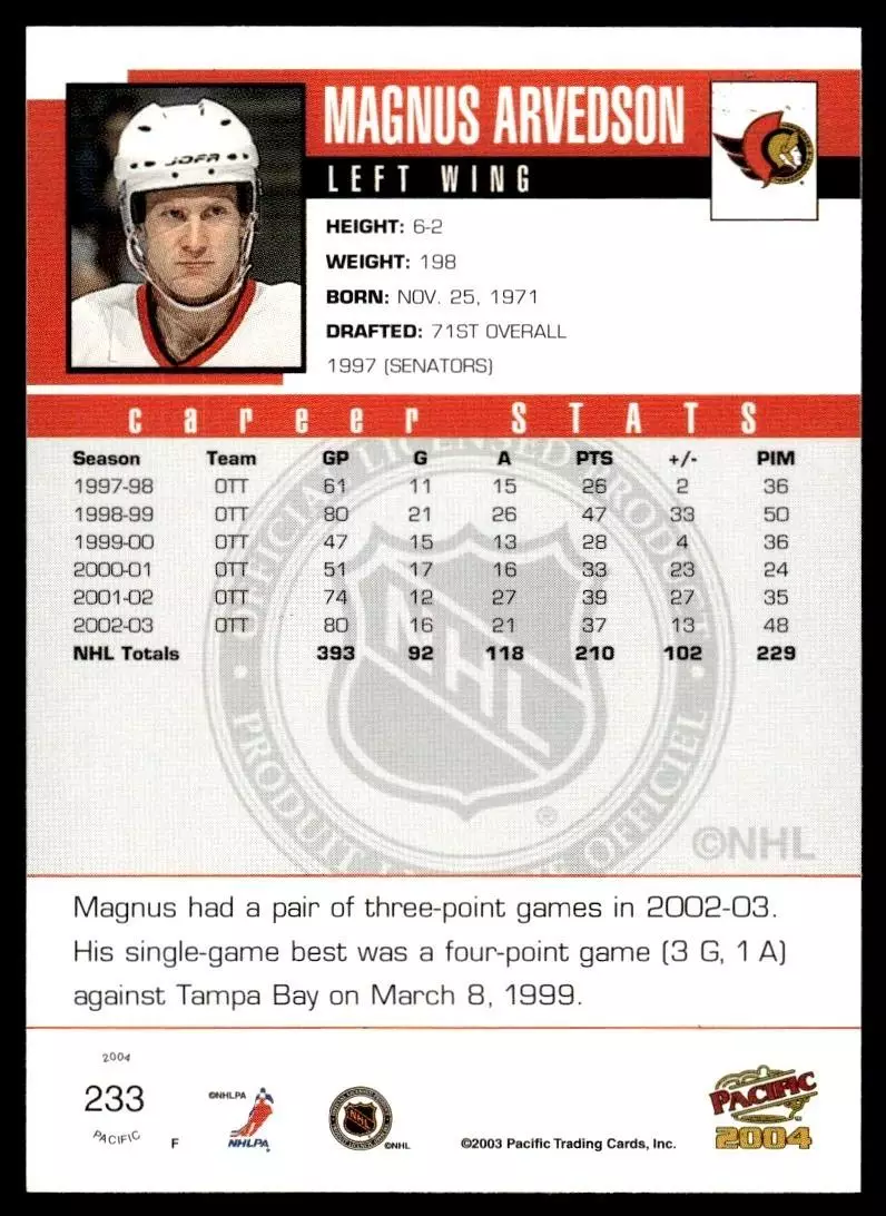 2003-04 Pacific #233 Magnus Arvedson 1