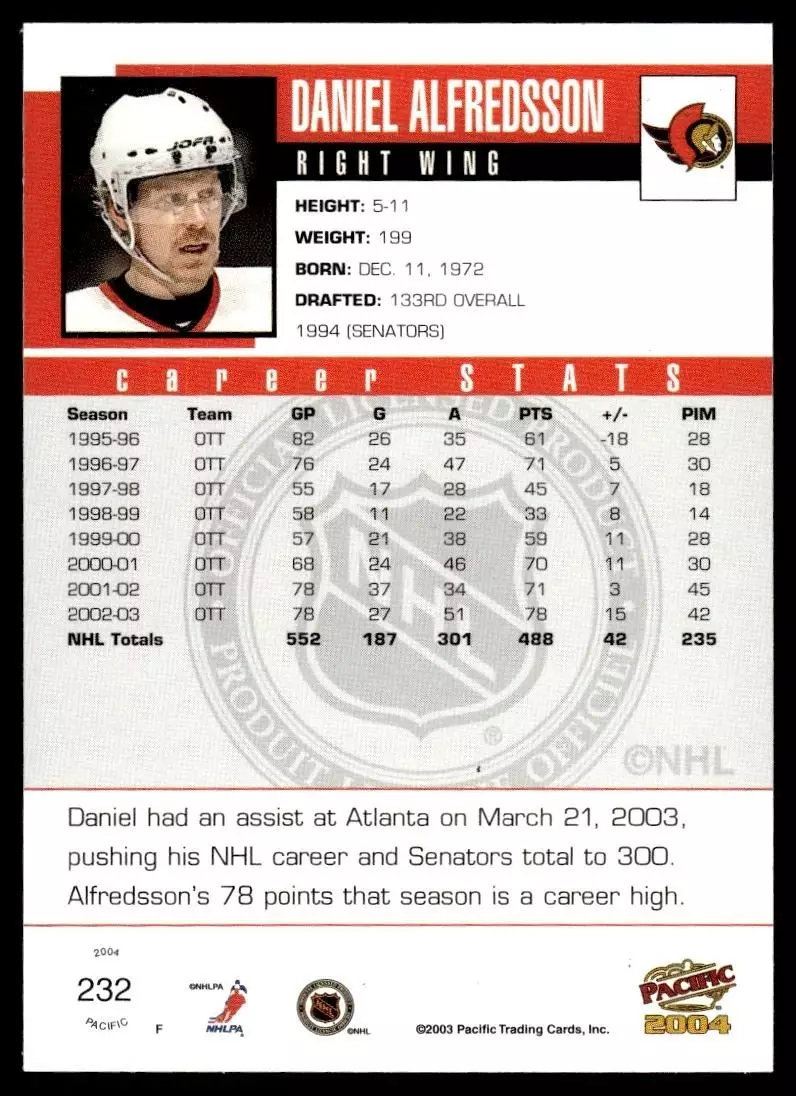 2003-04 Pacific #232 Daniel Alfredsson 1