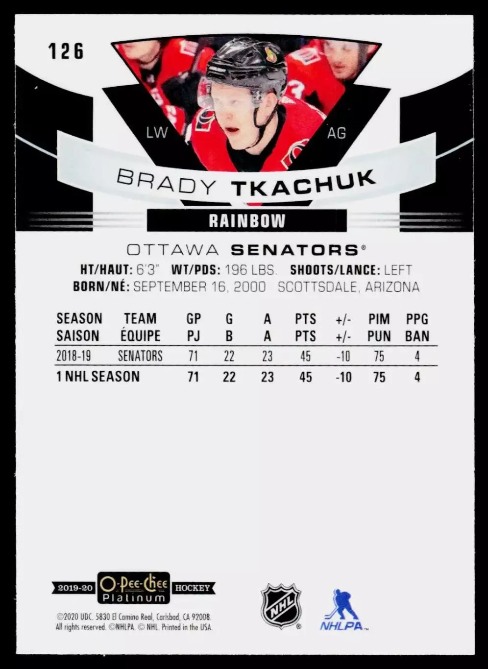 2019-20 O-Pee-Chee Platinum #126 Brady Tkachuk 1