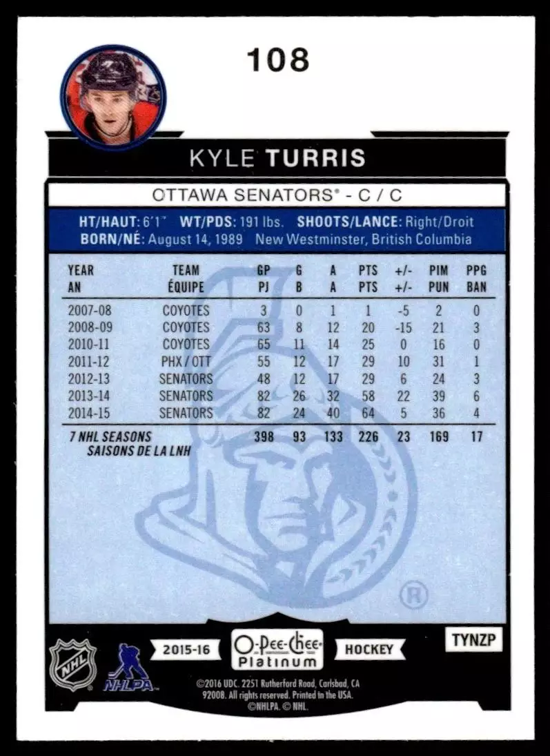 2015-16 O-Pee-Chee Platinum #108 Kyle Turris 1