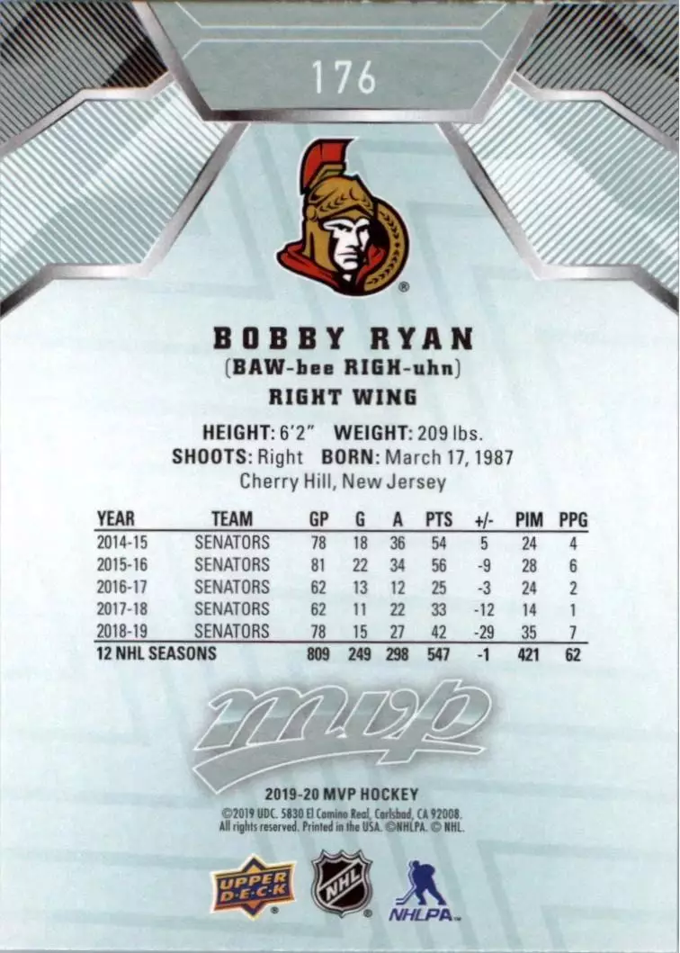 2019-20 Upper Deck MVP #176 Bobby Ryan 1