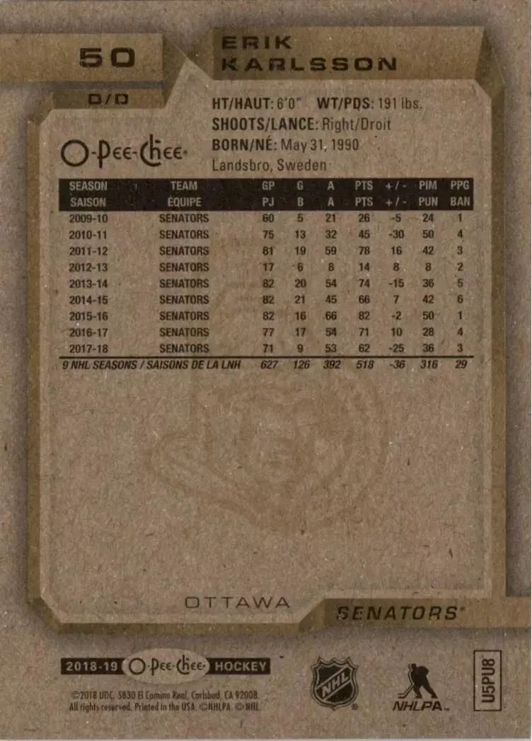 2018-19 O-Pee-Chee #50 Erik Karlsson 1