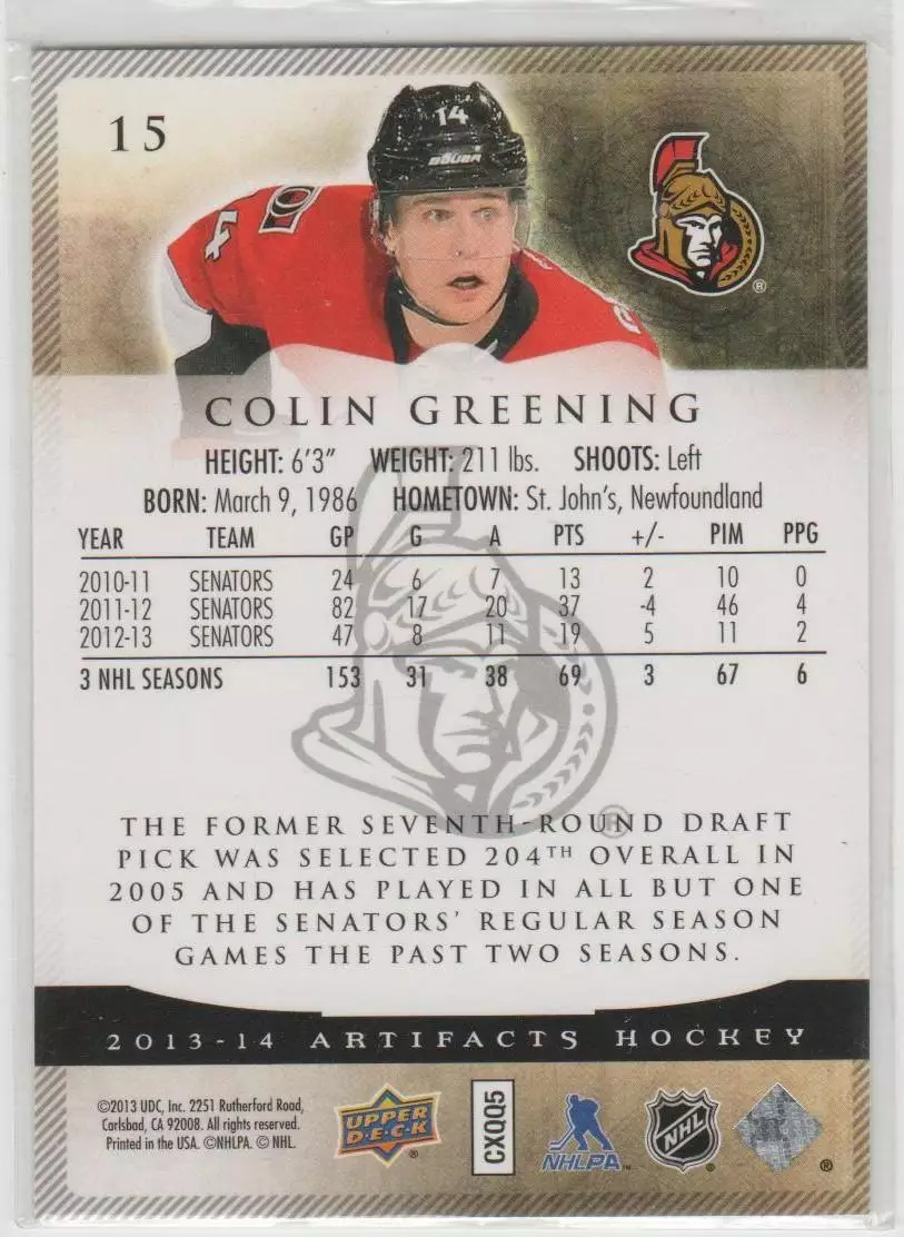 2013-14 Artifacts Emerald #15 Colin Greening 27\99 1