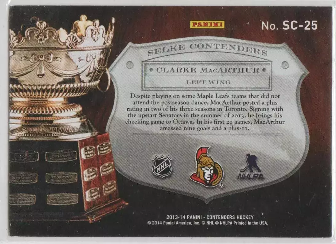 2013-14 Panini Contenders Selke Contenders #SC25 Clarke MacArthur 390\499 1