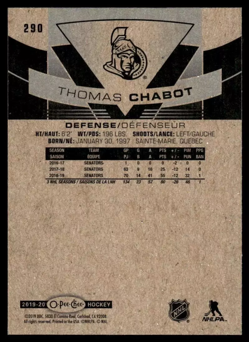 2019-20 O-Pee-Chee #290 Thomas Chabot 1