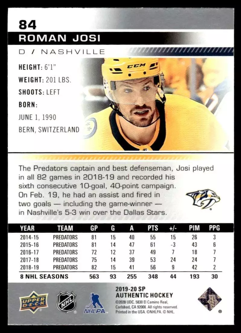 2019-20 SP Authentic #84 Roman Josi 1