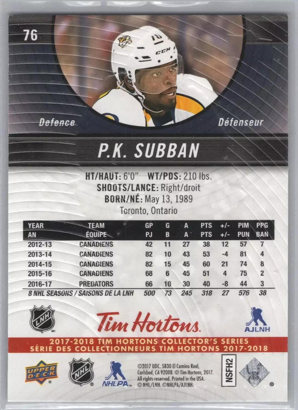 2017-18 Upper Deck Tim Hortons #76 P.K. Subban 1