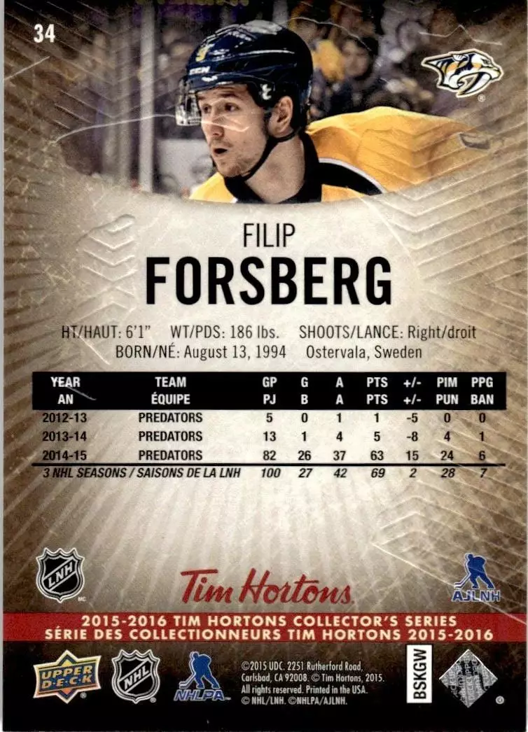 2015-16 Upper Deck Tim Hortons #34 Filip Forsberg 1