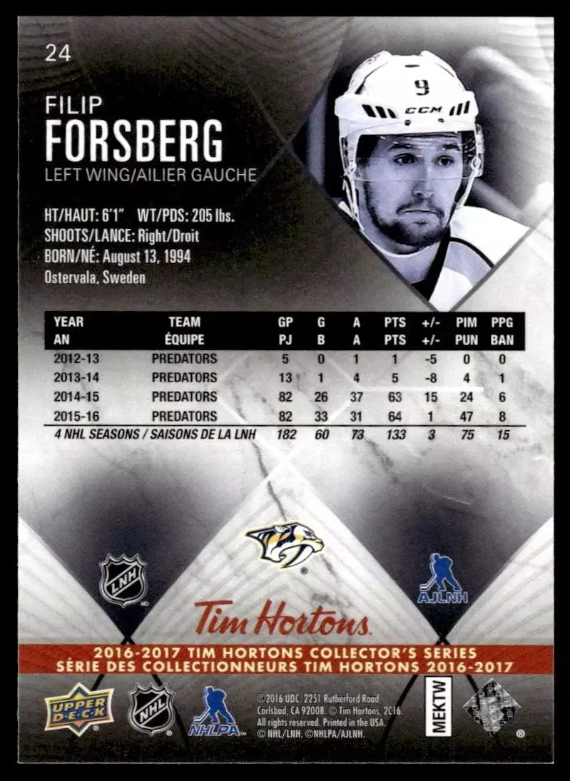 2016-17 Upper Deck Tim Hortons #24 Filip Forsberg 1