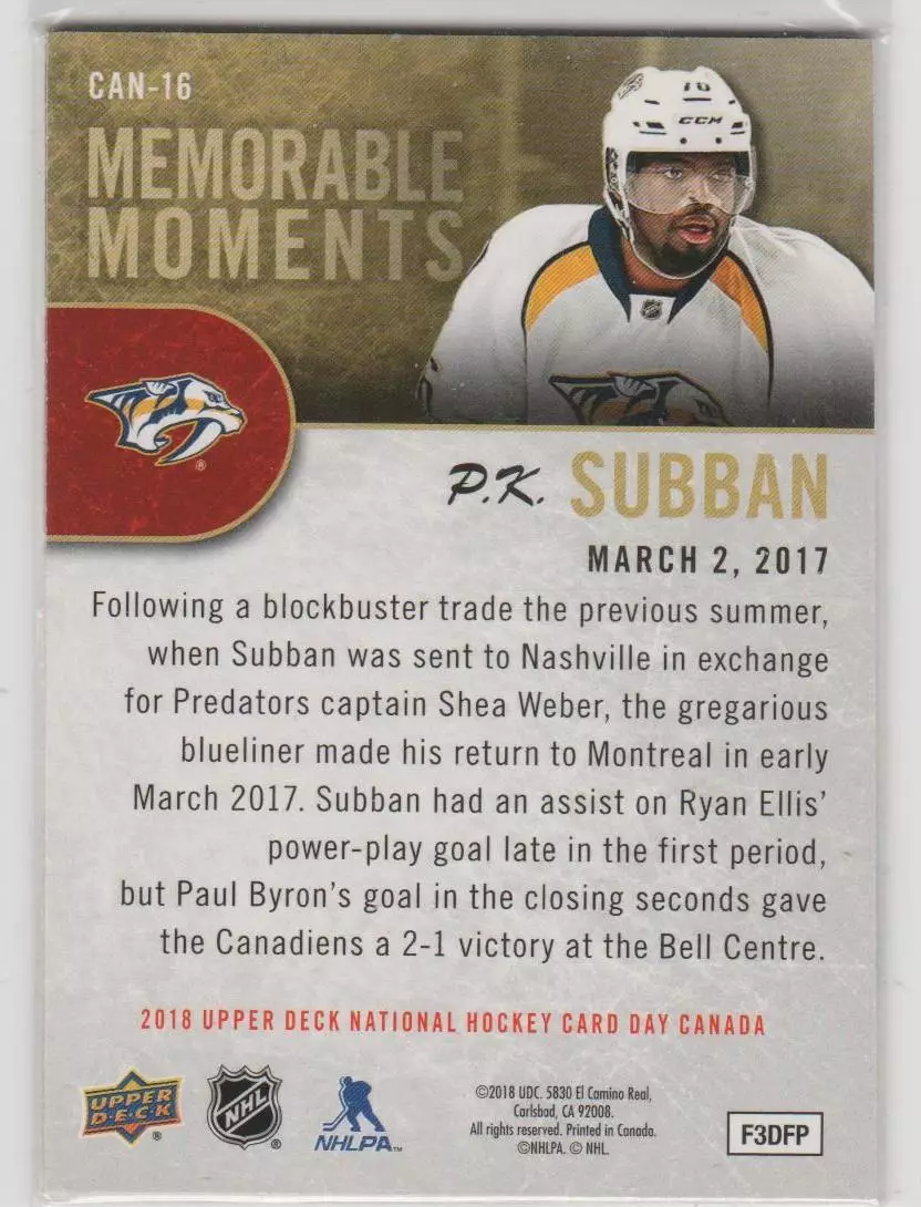 2017-18 Upper Deck National Hockey Card Day Canada #CAN16 P.K. Subban MM 1