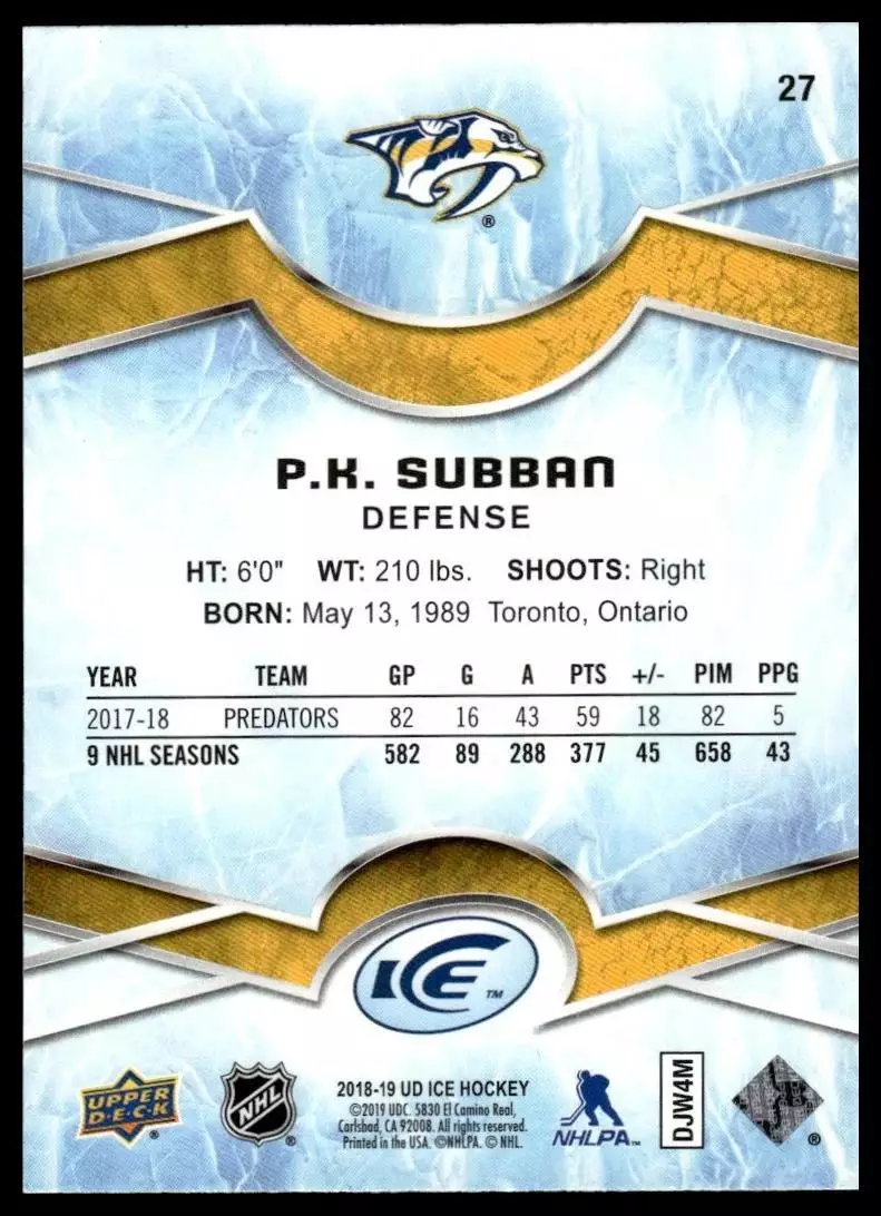 2018-19 Upper Deck Ice #27 P.K. Subban 1