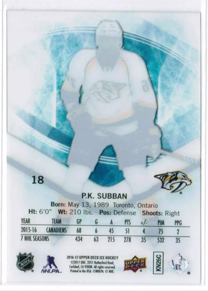2016-17 Upper Deck Ice #18 P.K. Subban 1