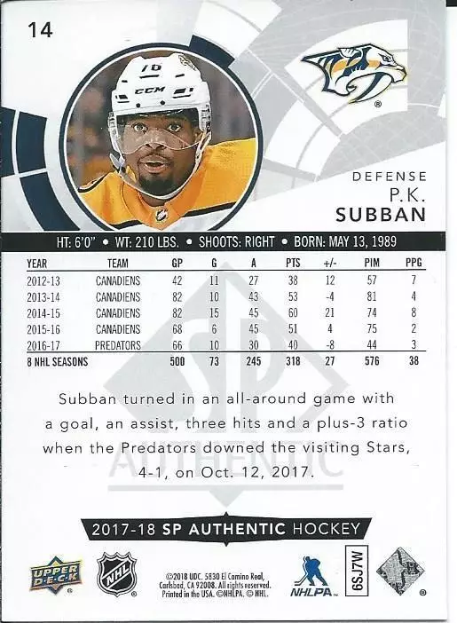 2017-18 SP Authentic #14 P.K. Subban 1