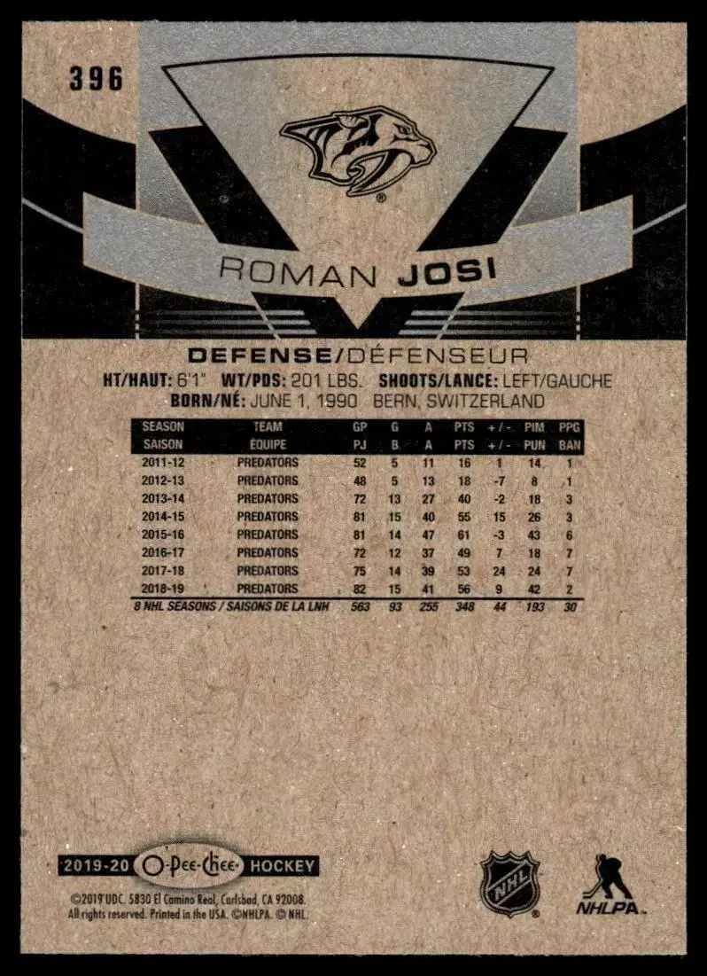 2019-20 O-Pee-Chee #396 Roman Josi 1
