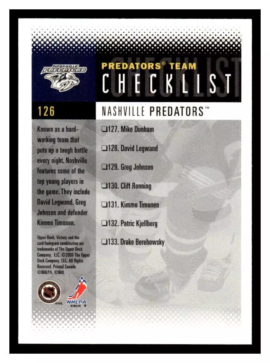 2000-01 Upper Deck Victory #126 David Legwand CL 1