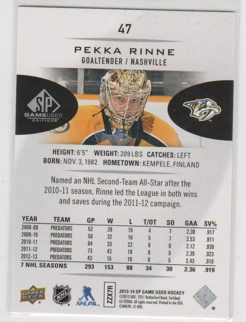 2013-14 SP Game Used #47 Pekka Rinne 1