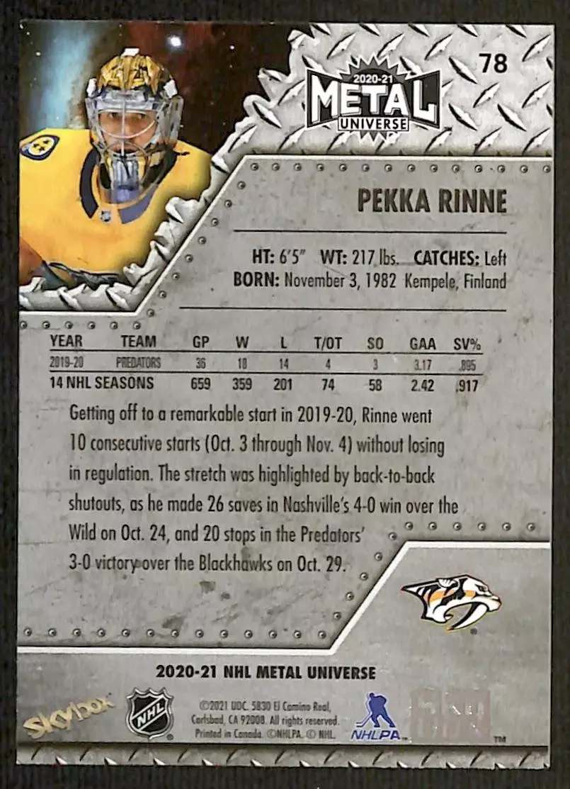 2020-21 Metal Universe #78 Pekka Rinne 1
