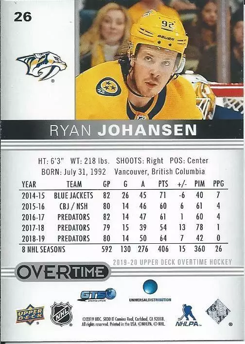 2019-20 Upper Deck Overtime #26 Ryan Johansen 1