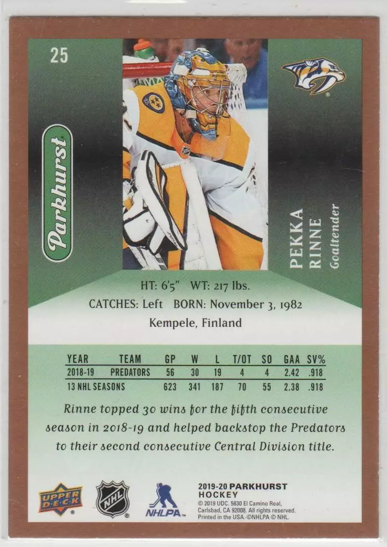 2019-20 Parkhurst Bronze #25 Pekka Rinne 1