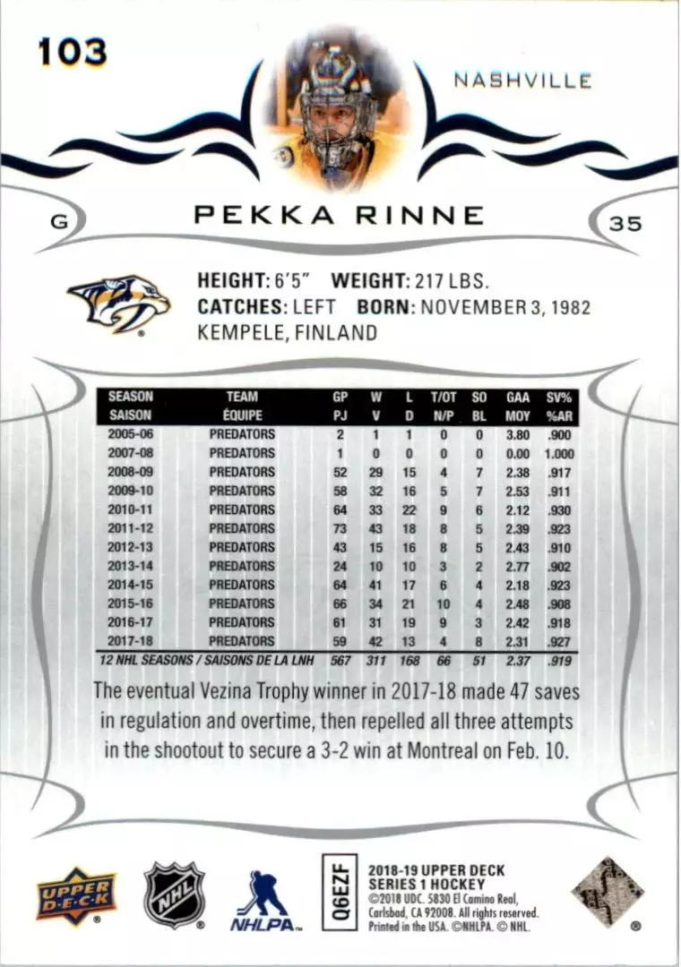 2018-19 Upper Deck #103 Pekka Rinne 1