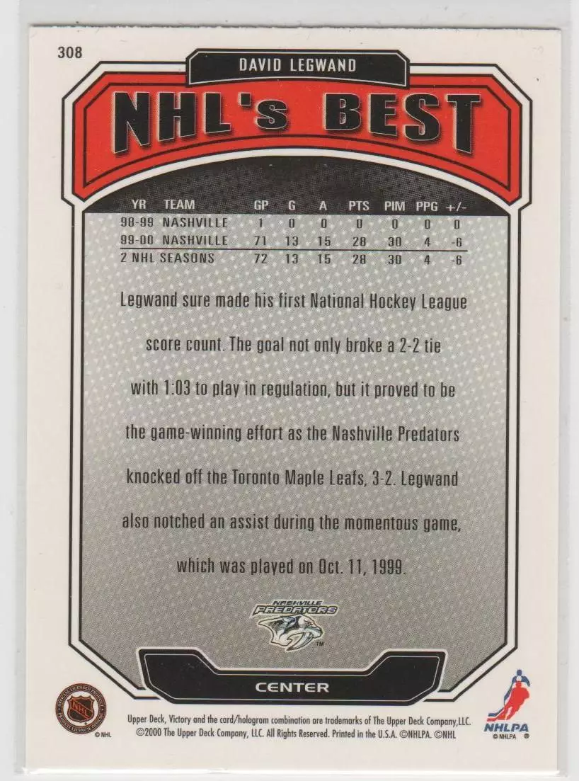 2000-01 Upper Deck Victory #308 David Legwand NB 1