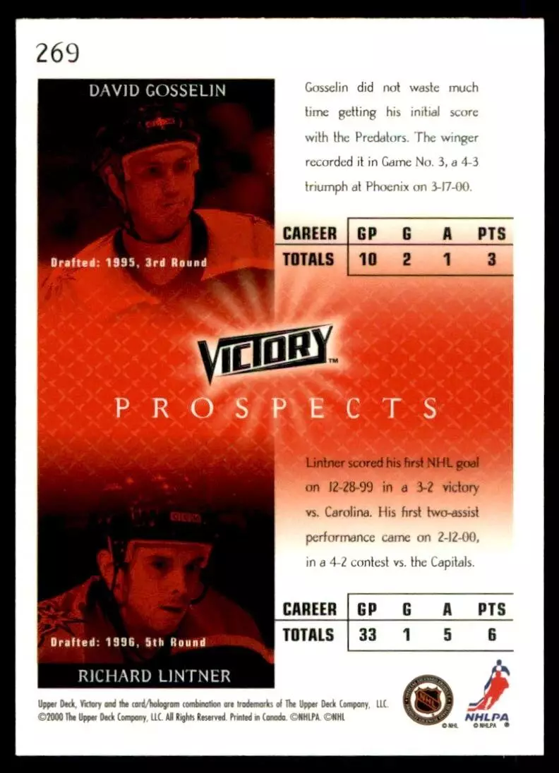 2000-01 Upper Deck Victory #269 David Gosselin RC/Richard Lintner 1