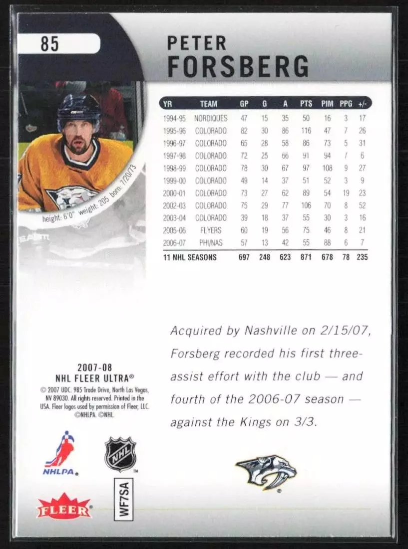 2007-08 Ultra #85 Peter Forsberg 1