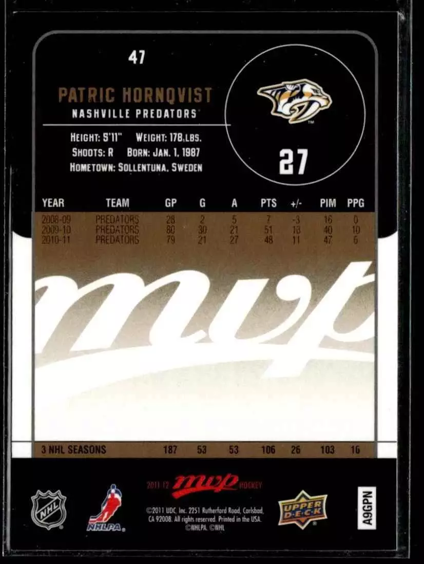 2011-12 Upper Deck MVP #47 Patric Hornqvist 1