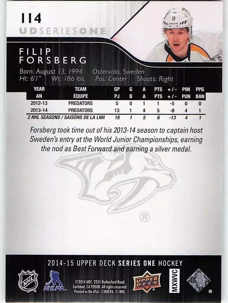 2014-15 Upper Deck #114 Filip Forsberg 1