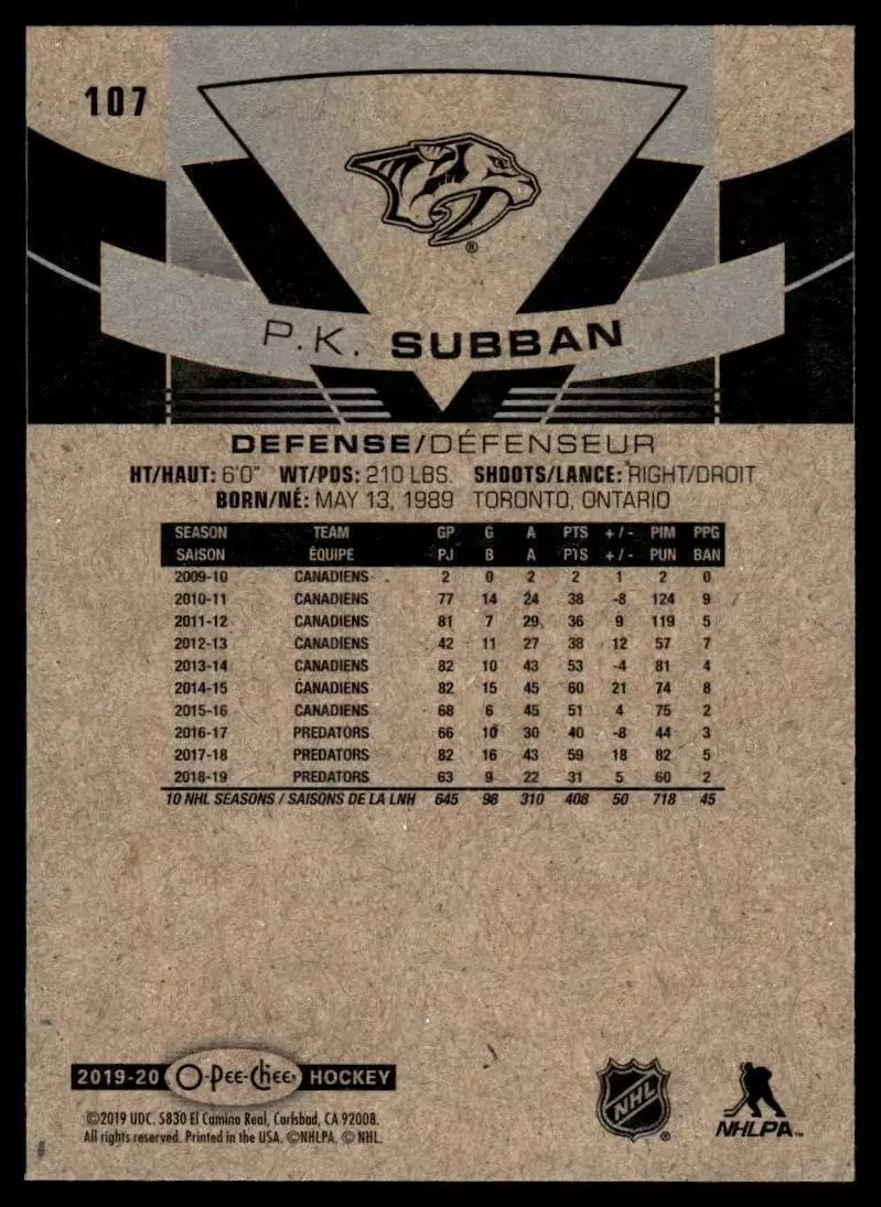 2019-20 O-Pee-Chee #107 P.K. Subban 1