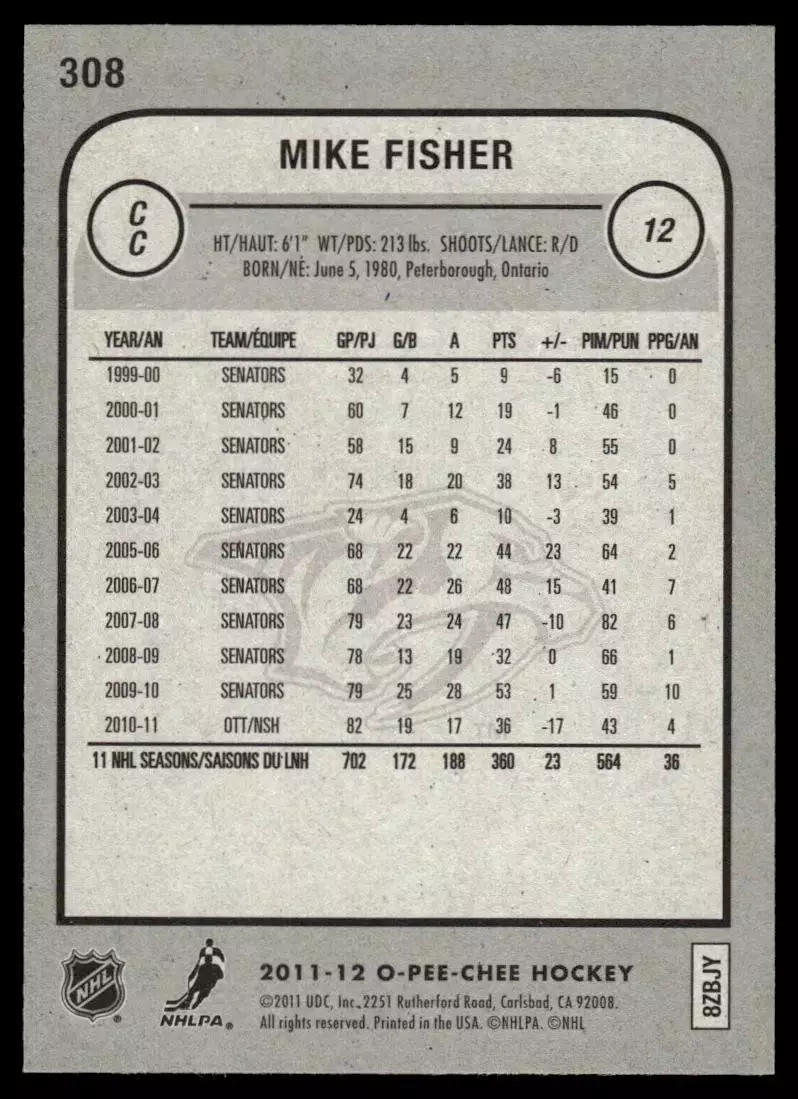 2011-12 O-Pee-Chee #308 Mike Fisher 1
