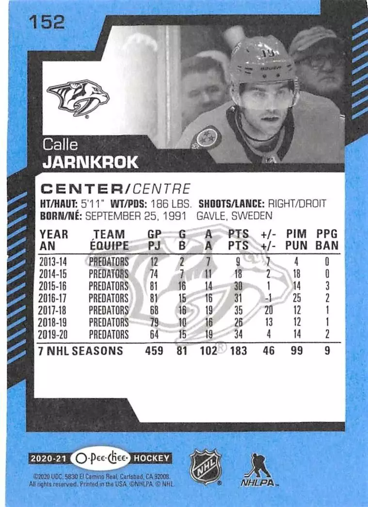 2020-21 O-Pee-Chee Blue #152 Calle Jarnkrok 1