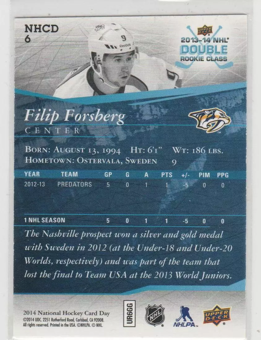 2013-14 Upper Deck National Hockey Card Day USA #NHCD6 Filip Forsberg AM 1