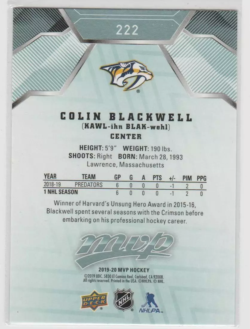 2019-20 Upper Deck MVP #222 Colin Blackwell SP RC 1