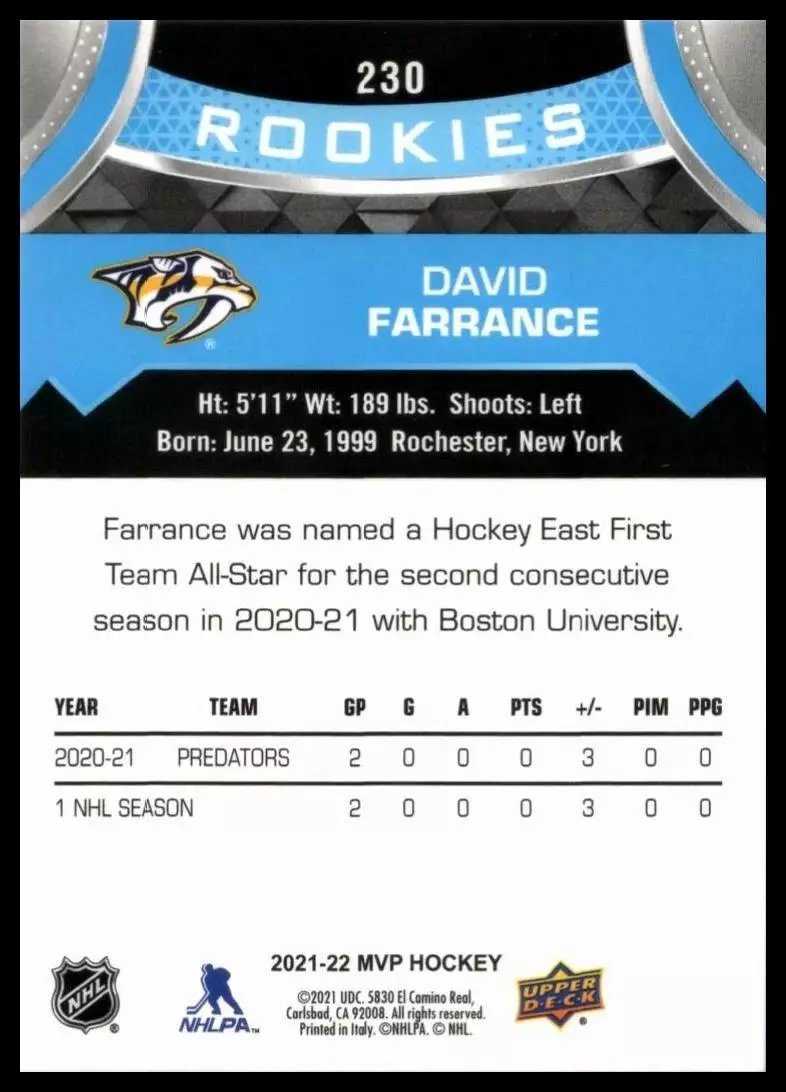 2021-22 Upper Deck MVP #230 David Farrance SP RC \ Sibir Novosibirsk 1