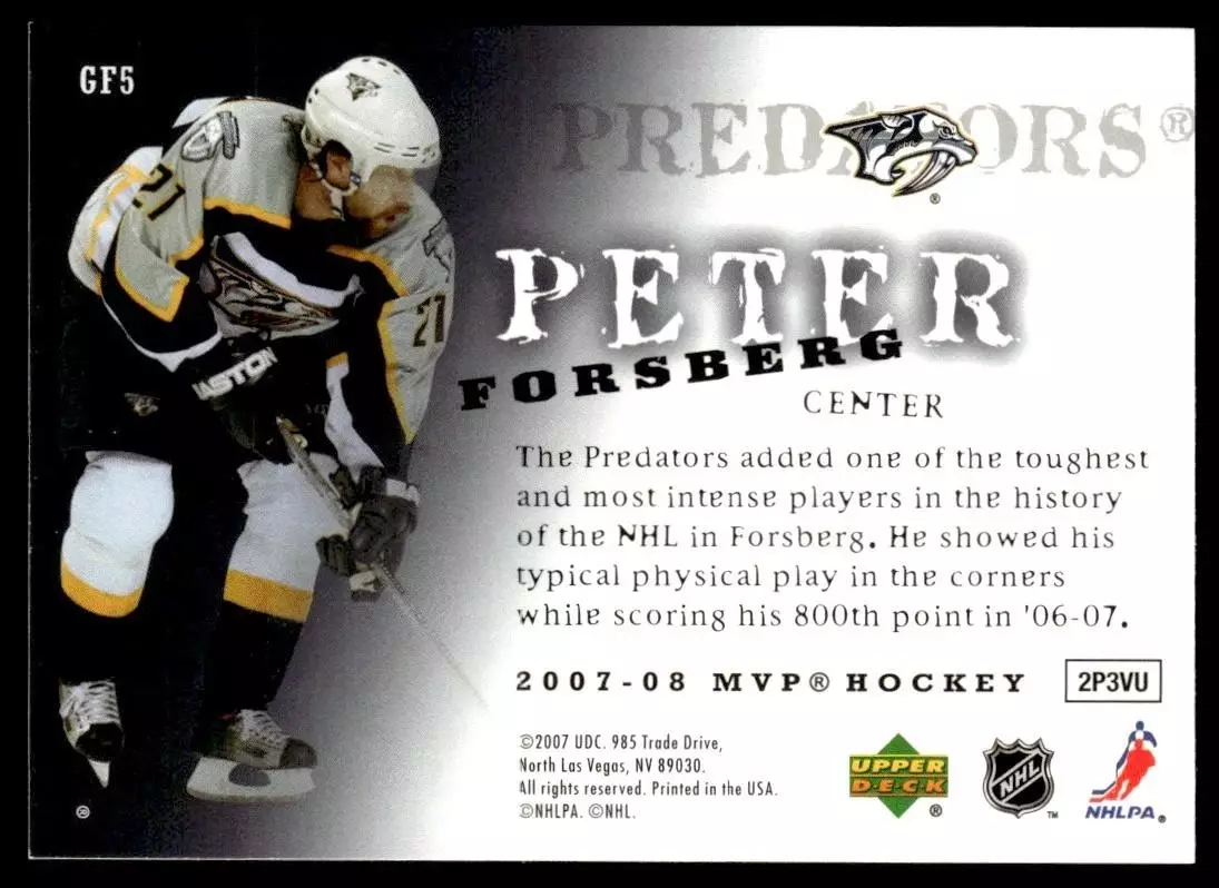 2007-08 Upper Deck MVP Game Faces #GF5 Peter Forsberg 1