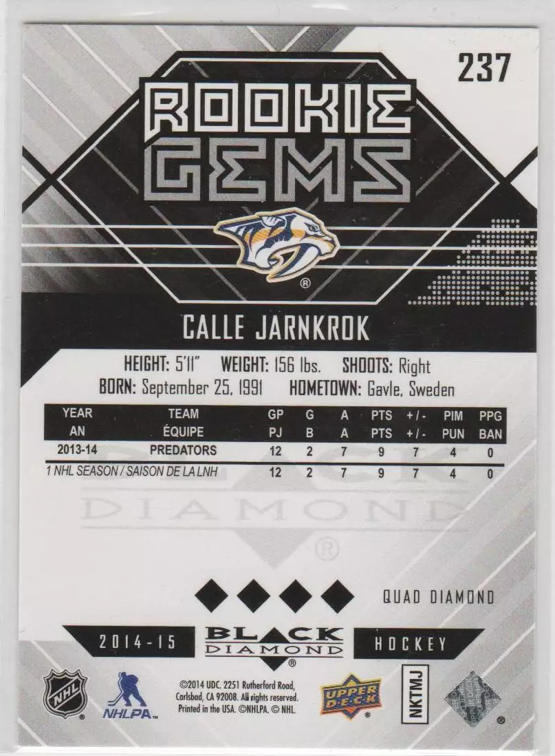 2014-15 Black Diamond #237 Calle Jarnkrok RC 1