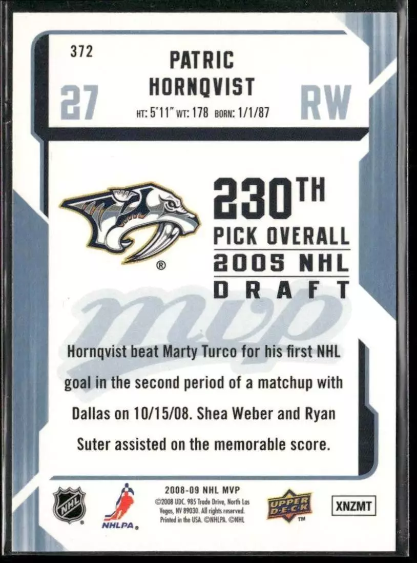 2008-09 Upper Deck MVP #372 Patric Hornqvist RC 1
