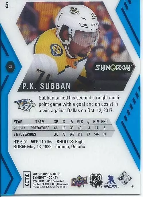 2017-18 Synergy Blue #5 P.K. Subban 1