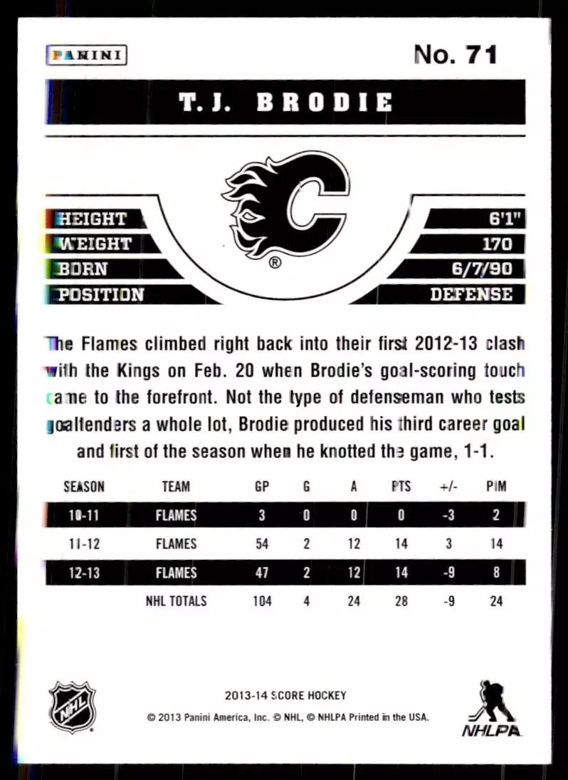 2013-14 Score #71 T.J. Brodie 1