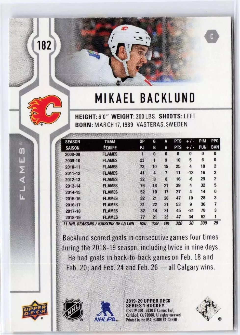 2019-20 Upper Deck #182 Mikael Backlund 1