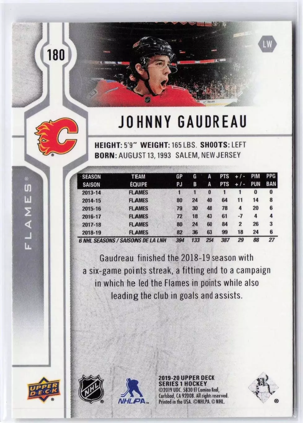 2019-20 Upper Deck #180 Johnny Gaudreau 1