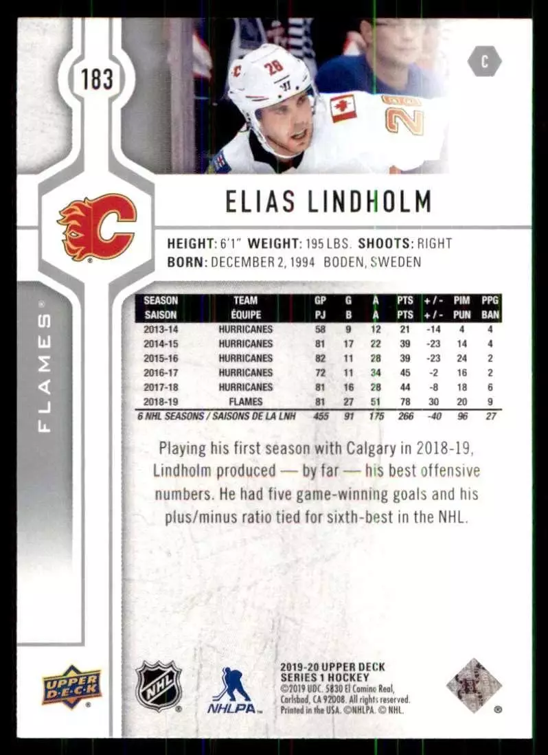 2019-20 Upper Deck #183 Elias Lindholm 1