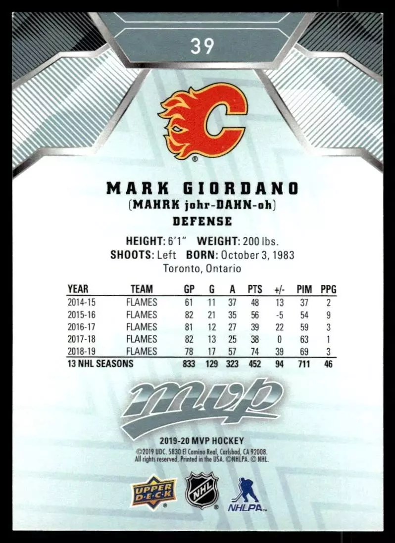 2019-20 Upper Deck MVP #39 Mark Giordano 1