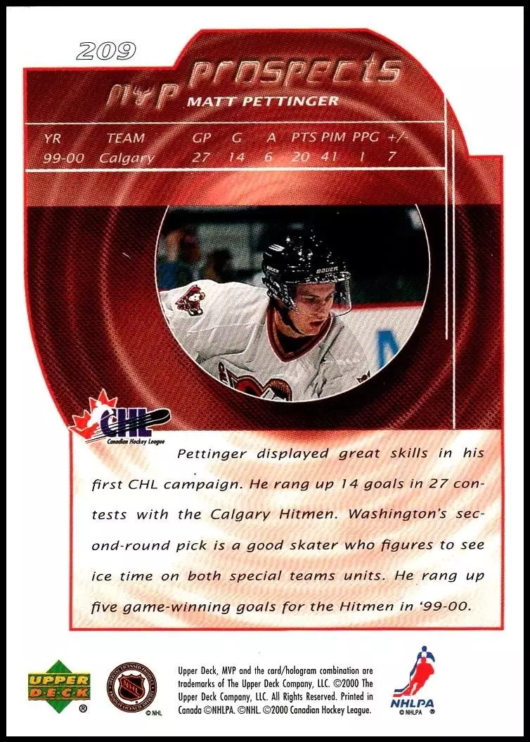 2000-01 Upper Deck MVP #209 Matt Pettinger RC 1